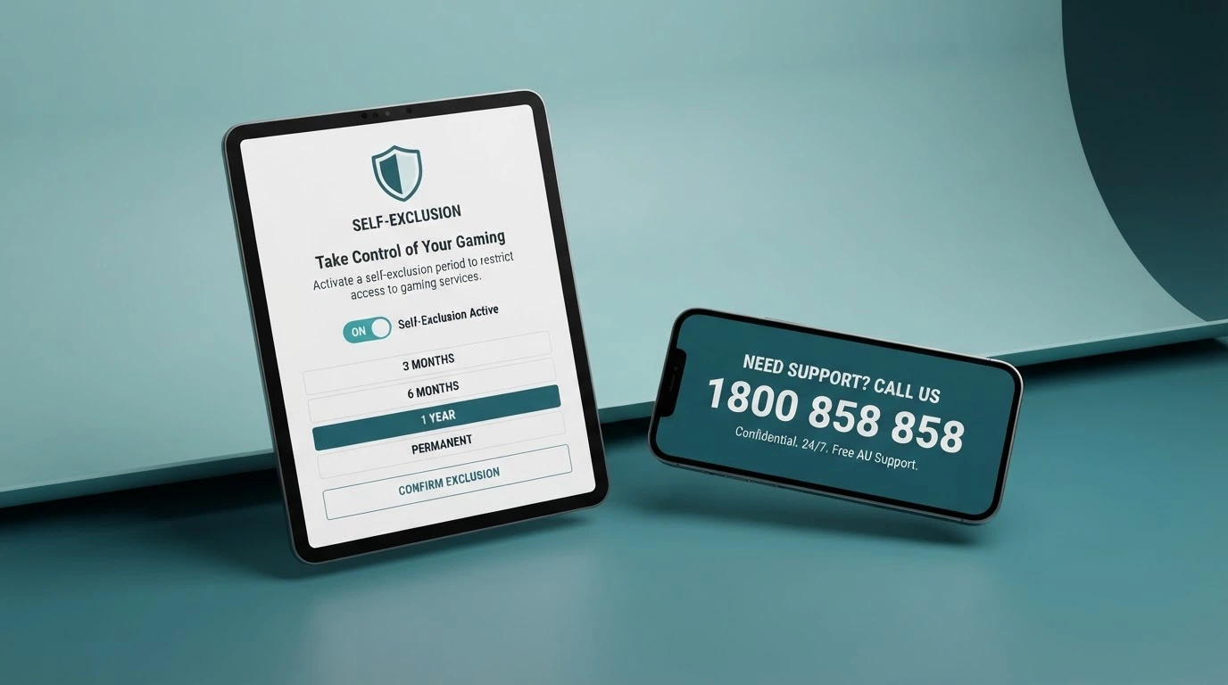 A BetStop registration interface next to a phone screen showing the National Gambling Helpline 1800 858 858 number