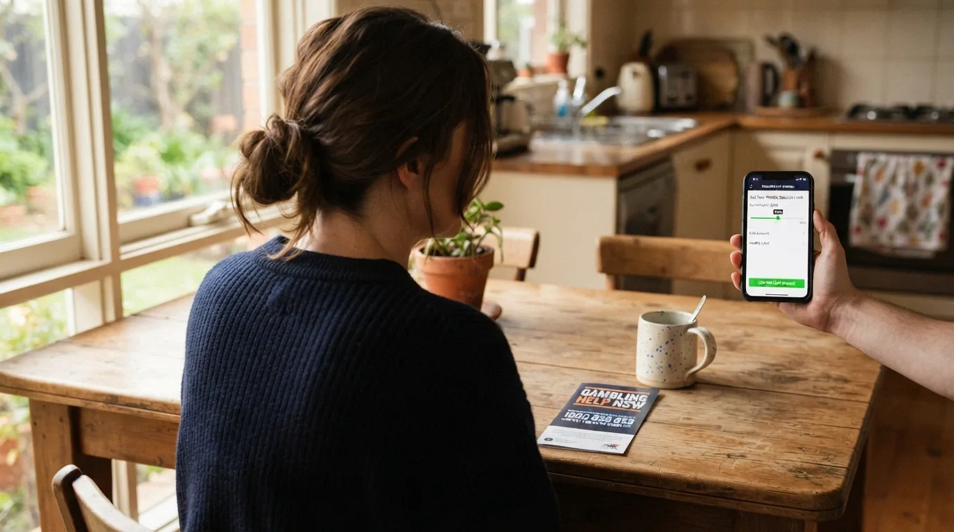 Person setting a deposit limit on a mobile phone with the BetStop and Gambling Help Online logos visible