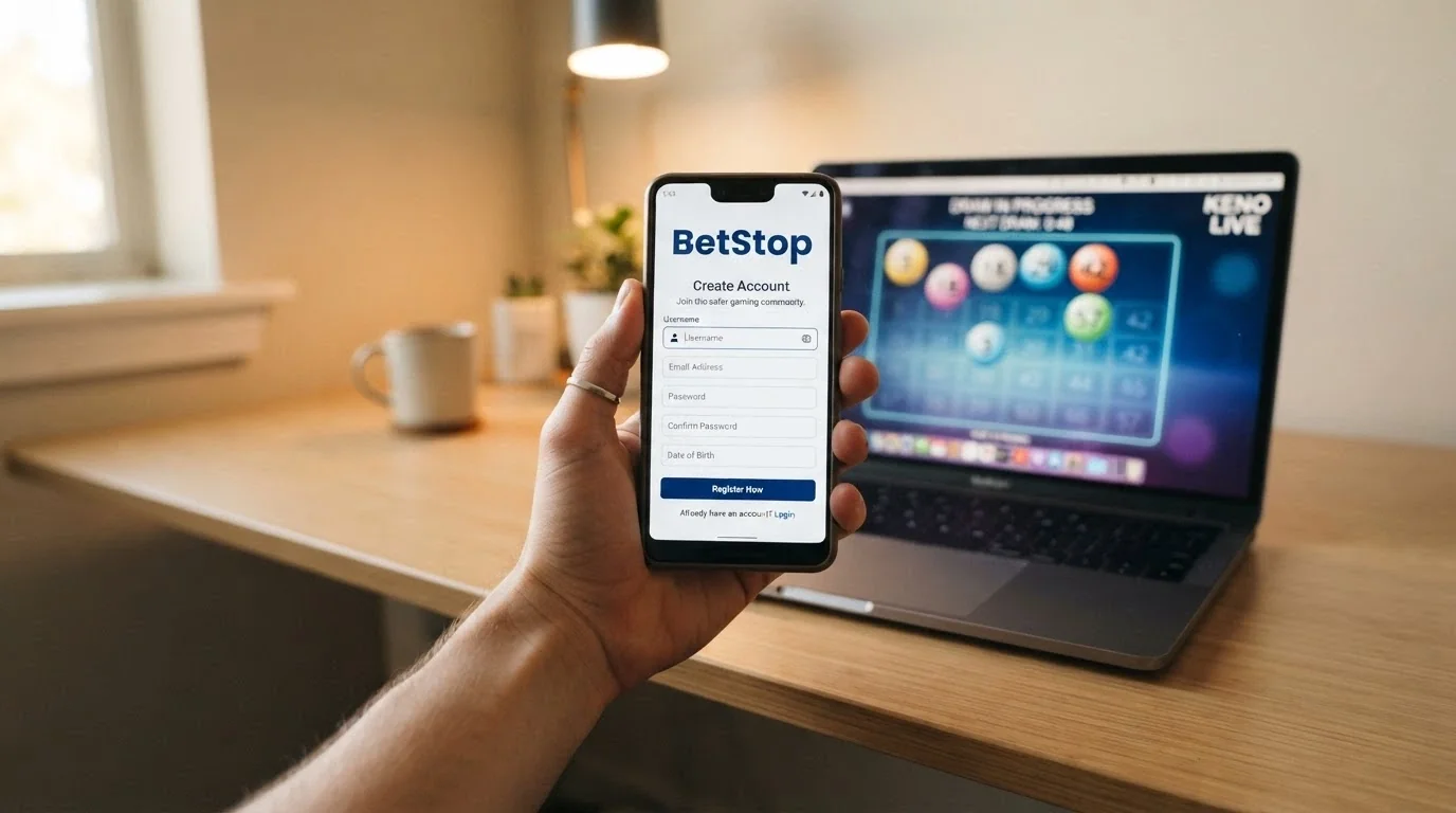 A smartphone screen showing the BetStop.gov.au registration page, with a keno draw playing on a laptop screen in the blurred background