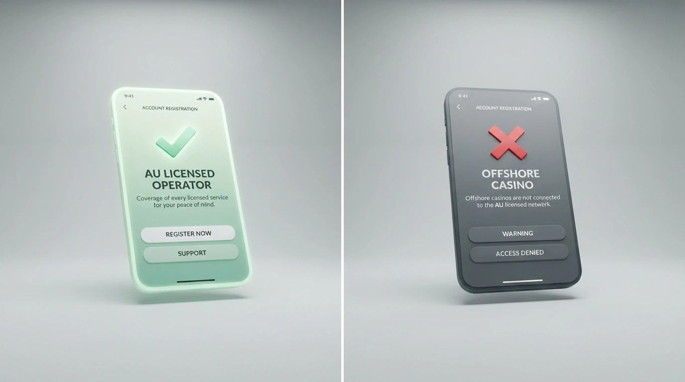 A split-screen graphic: on the left a BetStop registration screen with a green checkmark and the text “covers every licensed Australian wagering service,” on the right the same screen greyed out with a red cross and “offshore casinos are not connected”