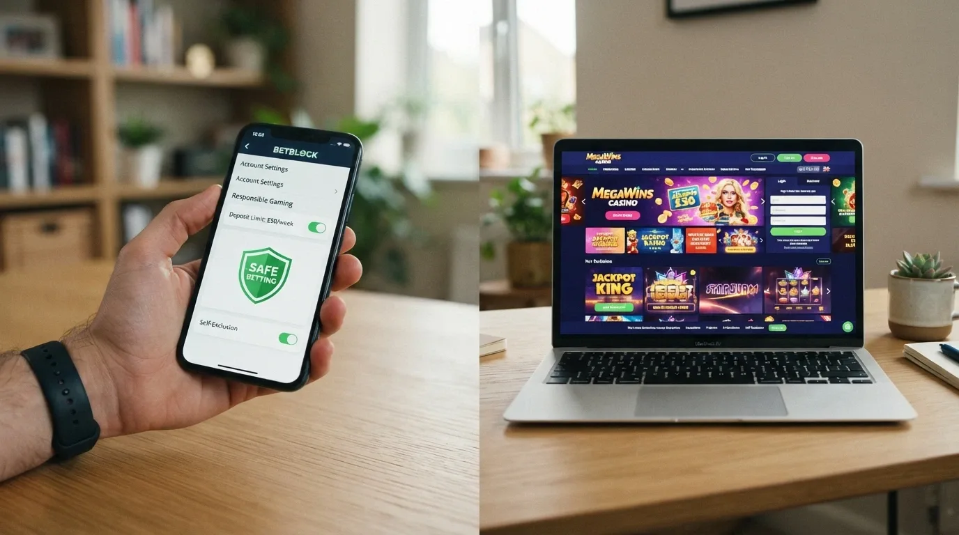 A split visual contrasting a licensed Australian wagering app showing BetStop integration against an offshore casino site with no self-exclusion option
