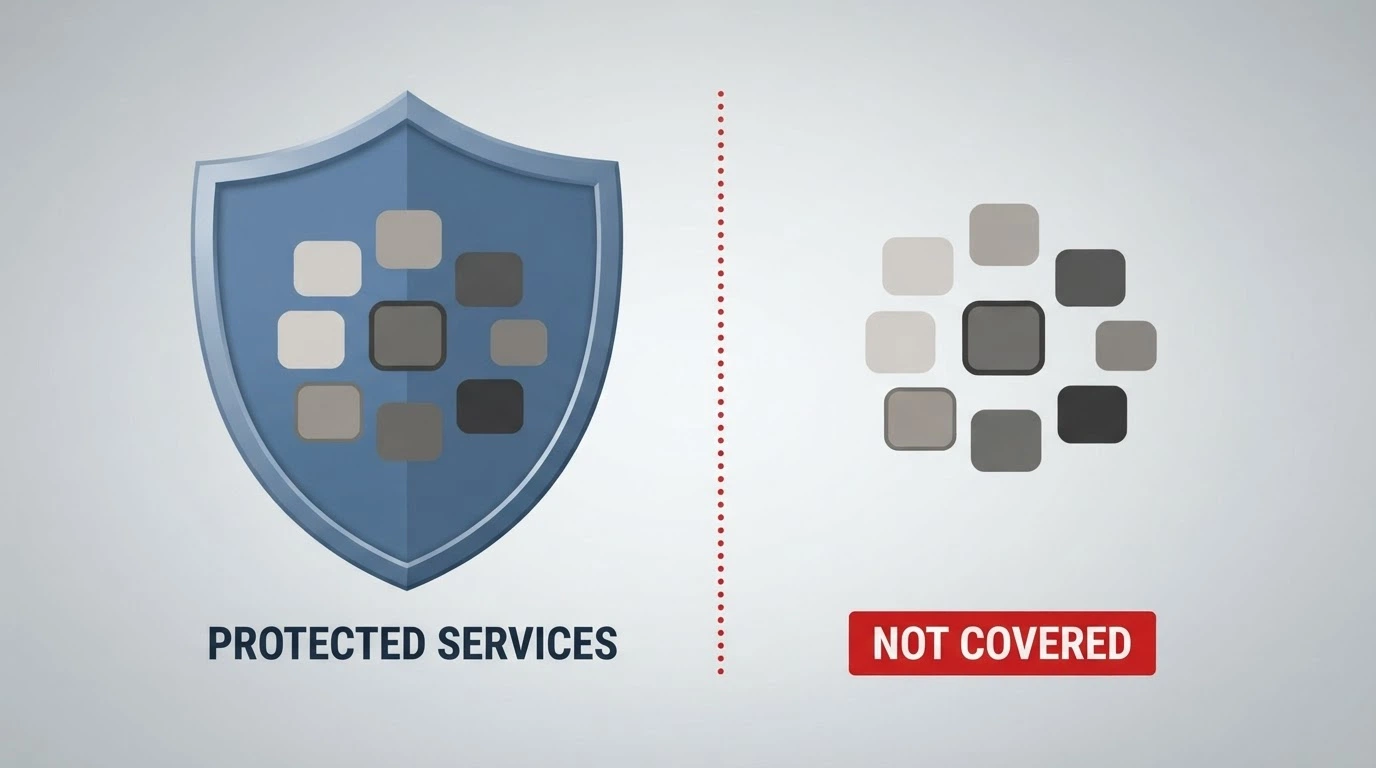 A diagram showing BetStop as a shield covering ~150 Australian-licensed wagering logos on the left, while offshore casino logos sit outside the shield on the right with a red “NOT COVERED” label beneath them.