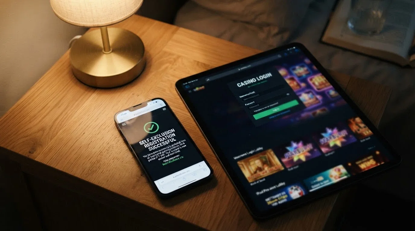 A BetStop registration confirmation screen on a phone, partially obscured by an offshore casino login page overlaid beside it