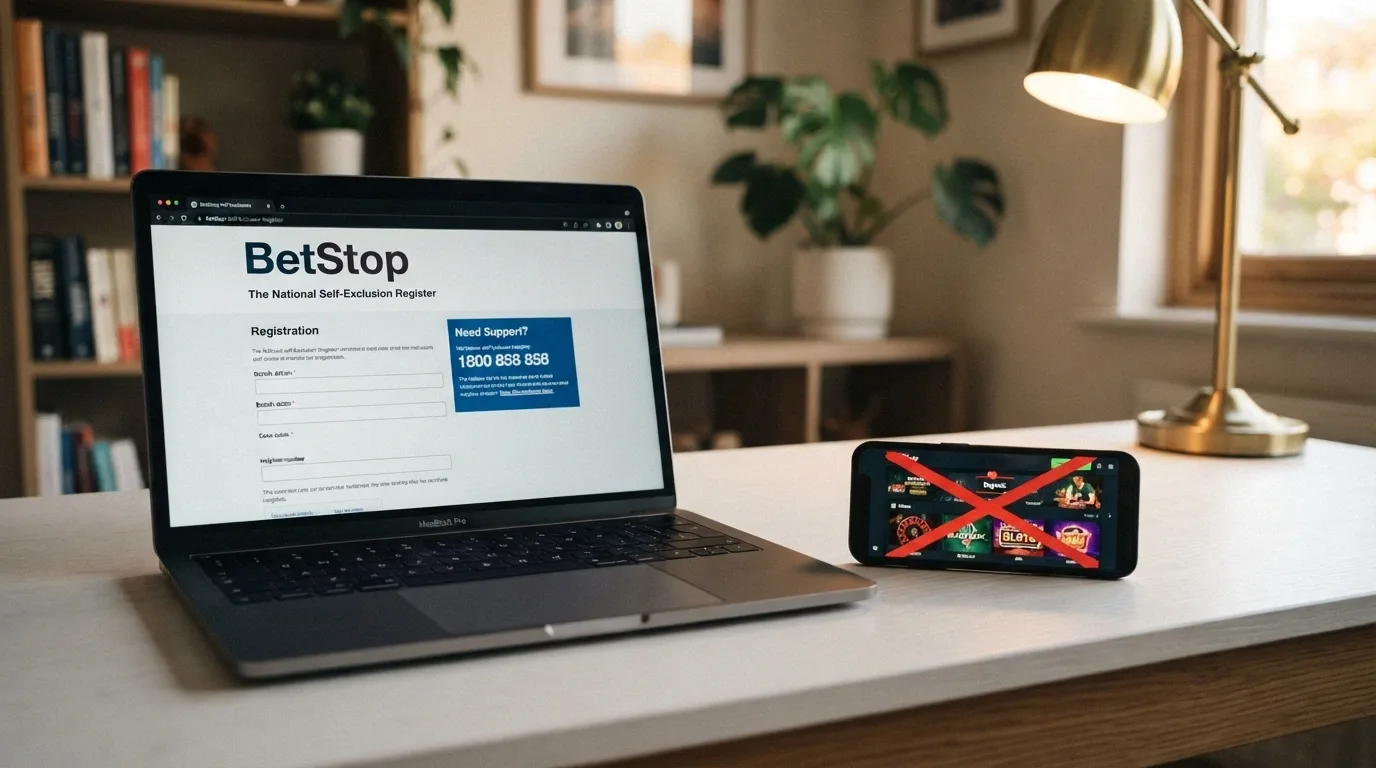 A laptop open to the BetStop registration page with the National Gambling Helpline number 1800 858 858 overlaid, a smartphone beside it showing a casino app with a crossed-out deposit button