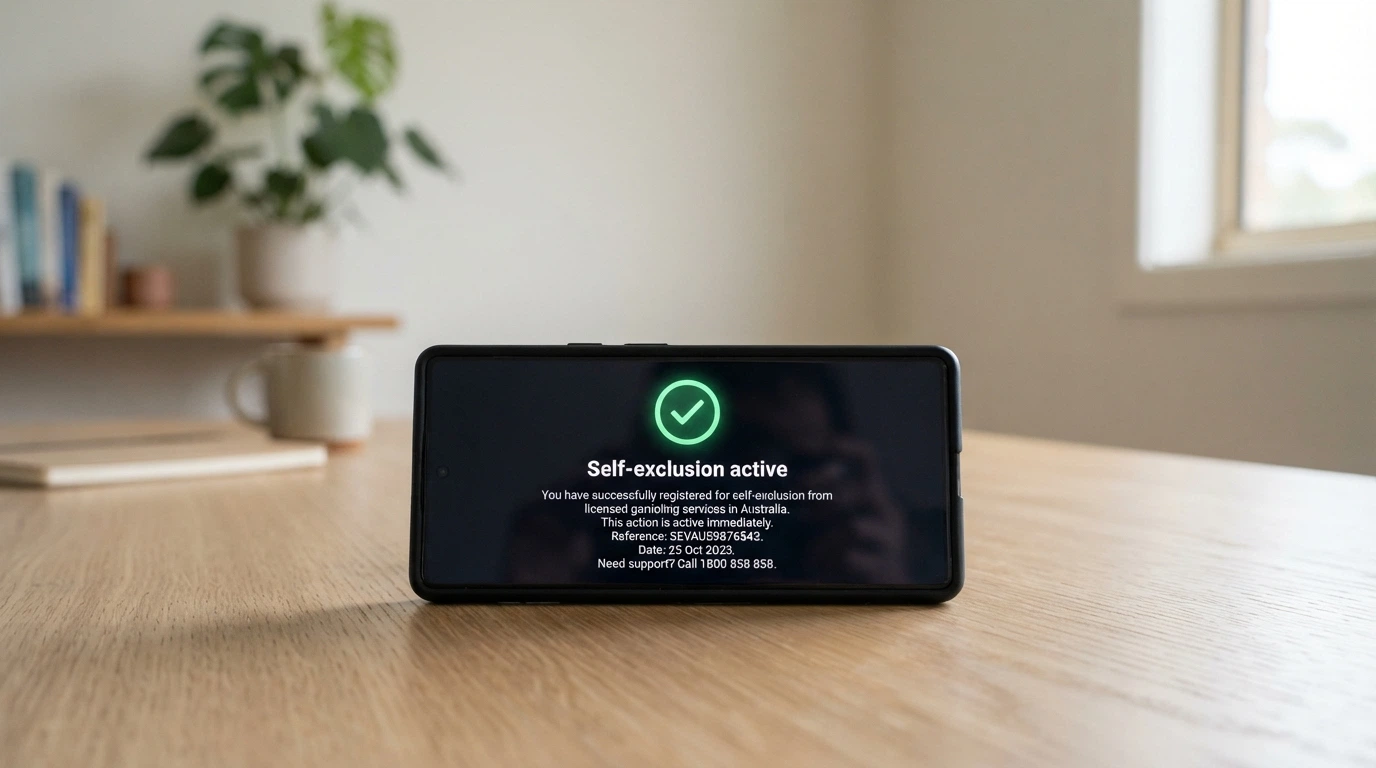 A smartphone displaying a self-exclusion registration confirmation screen with a green tick and the words “Self-exclusion active” visible