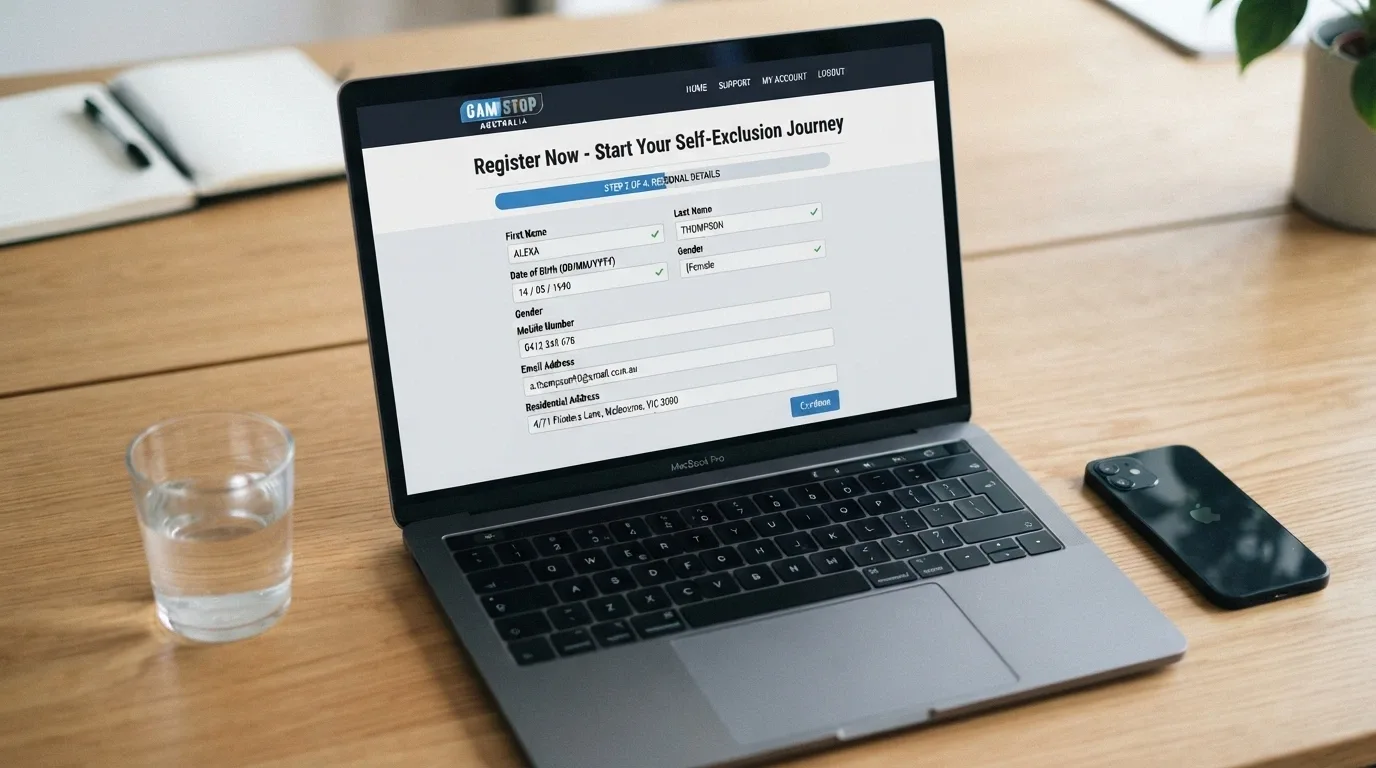 A desktop screen showing the BetStop National Self-Exclusion Register registration page with the Australian Government crest and a partially filled form