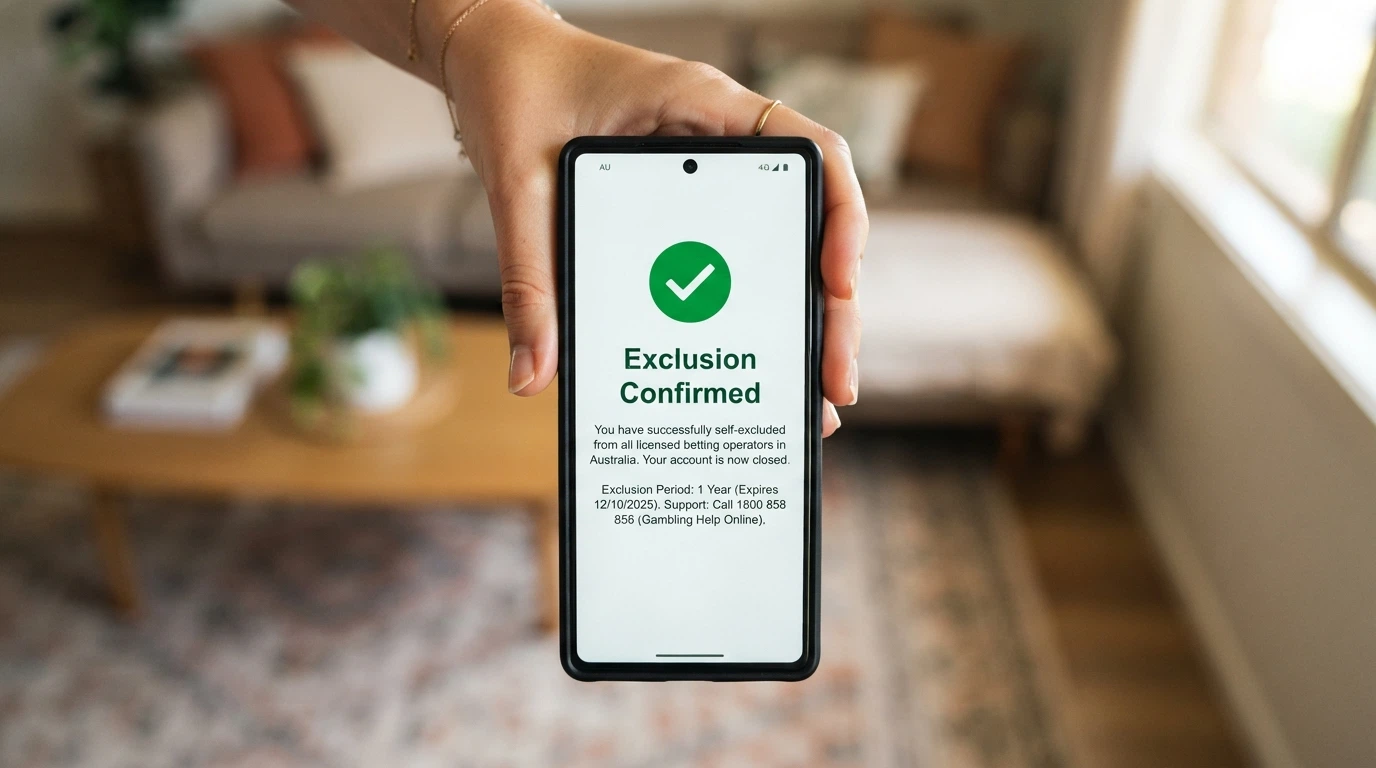 A person's hand holding a phone showing a self-exclusion confirmation, while casino-branded notification bubbles sit outside the frame