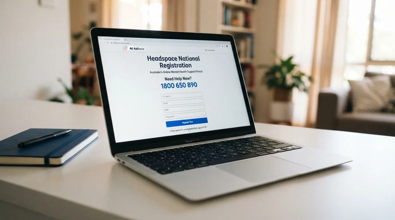 A laptop screen showing the BetStop registration page with the national helpline number visible