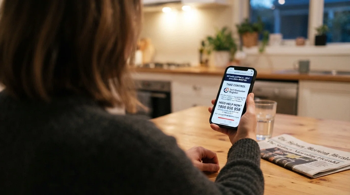 A hand holding a smartphone displaying the BetStop National Self-Exclusion Register homepage with the 1800 858 858 helpline number visible on screen