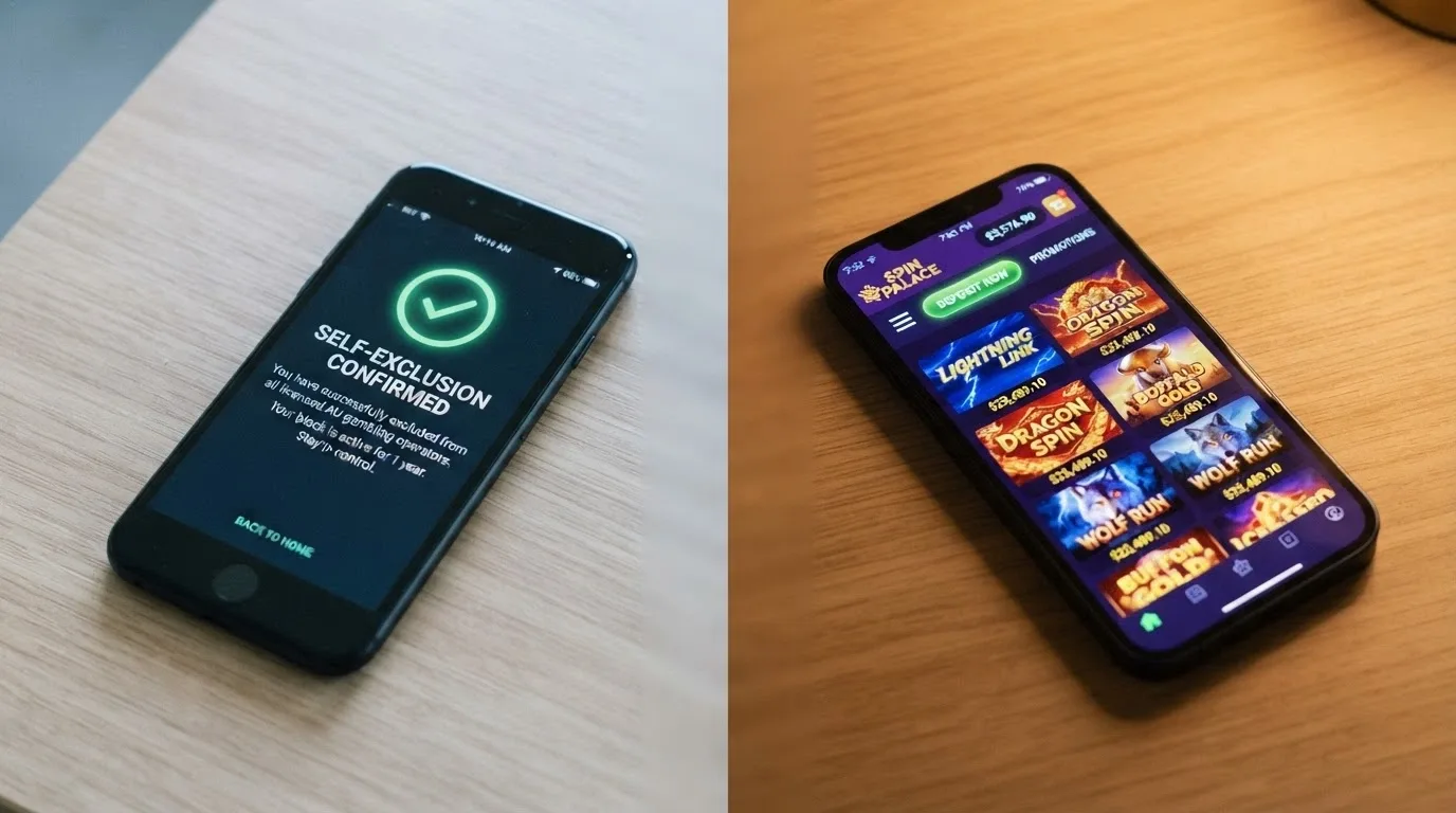 A split composition: on the left a smartphone showing the BetStop registration confirmation screen with a green tick, on the right an offshore casino lobby still open and accepting deposits