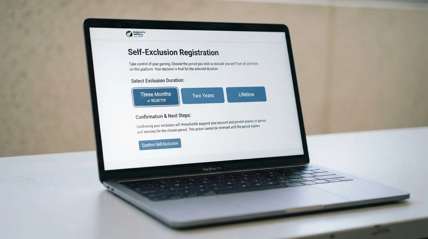 The BetStop registration interface on a screen showing exclusion-duration options — three months, two years and lifetime