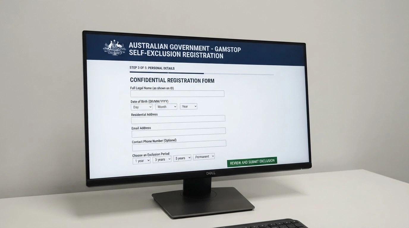 A government-style web page showing a self-exclusion registration form with the BetStop — National Self-Exclusion Register branding visible