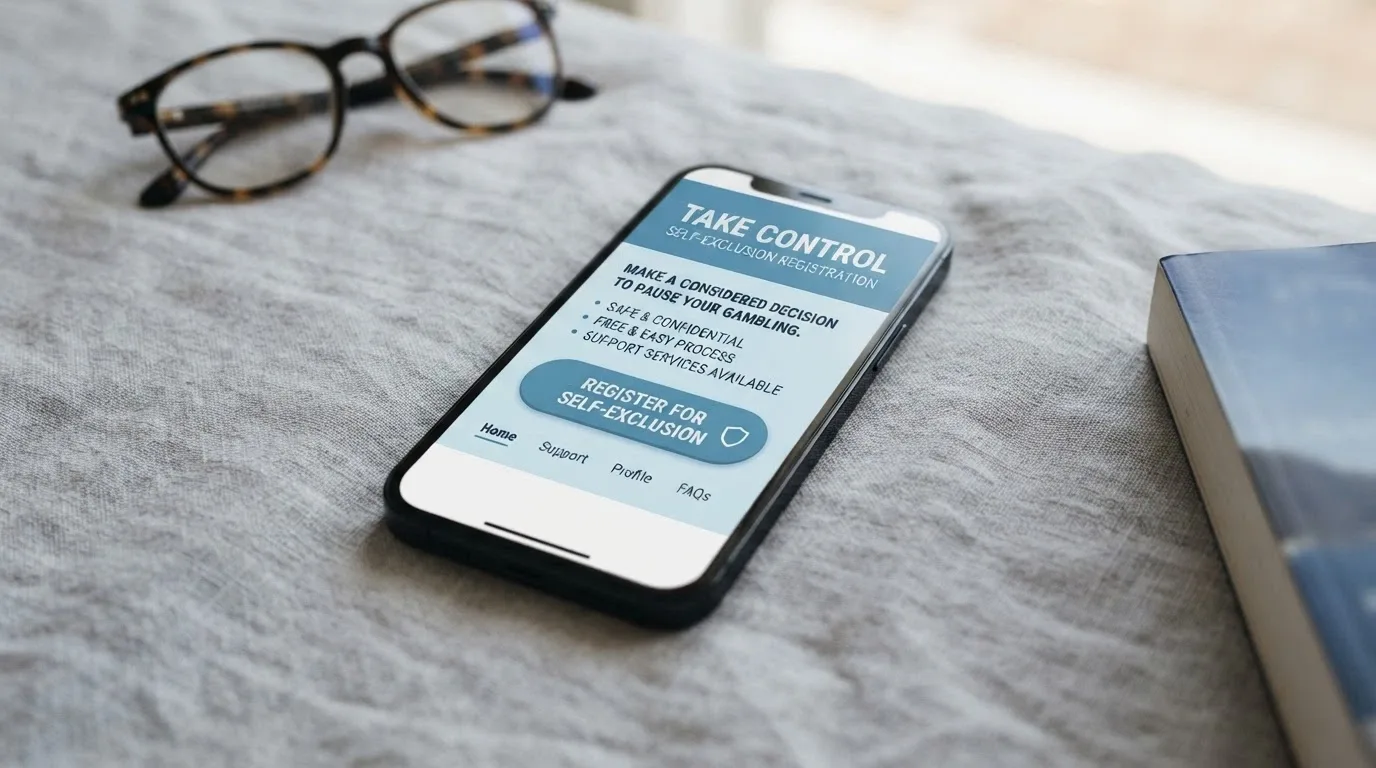 A smartphone showing the BetStop National Self-Exclusion Register homepage, with the words “Register to exclude yourself from all Australian-licensed wagering services” visible