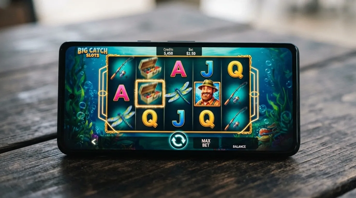 A Big Bass Bonanza reel spin captured mid-animation on an Android phone in portrait mode, with the 10-payline grid and fisherman collect symbol visible