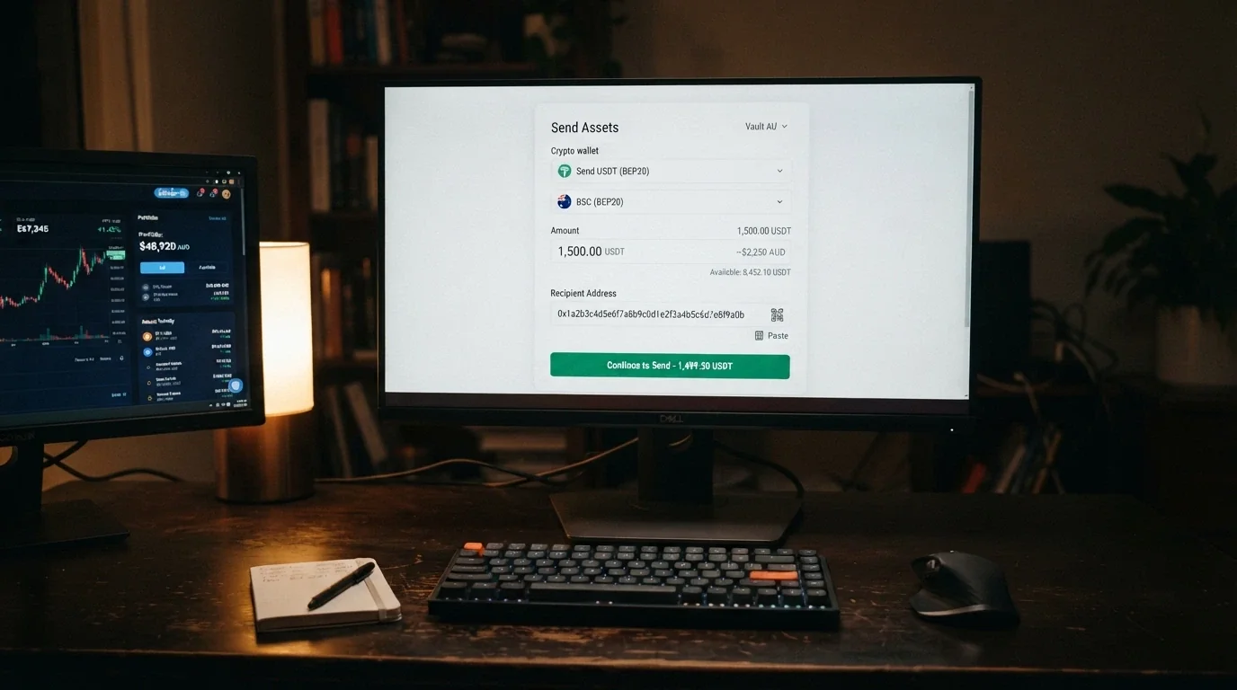 A desktop screen showing a cryptocurrency wallet send-flow with USDT TRC20 selected, a casino deposit address visible and an exchange interface in the background