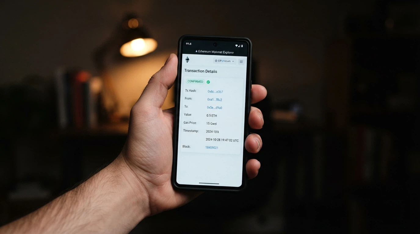 A close-up of a smartphone displaying a confirmed Bitcoin transaction on a blockchain explorer with the timestamp highlighted