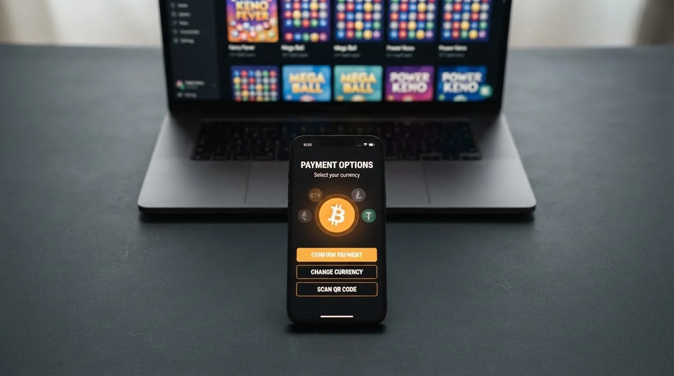 A casino cashier screen displaying Bitcoin as the selected deposit method, with keno game thumbnails visible in the background