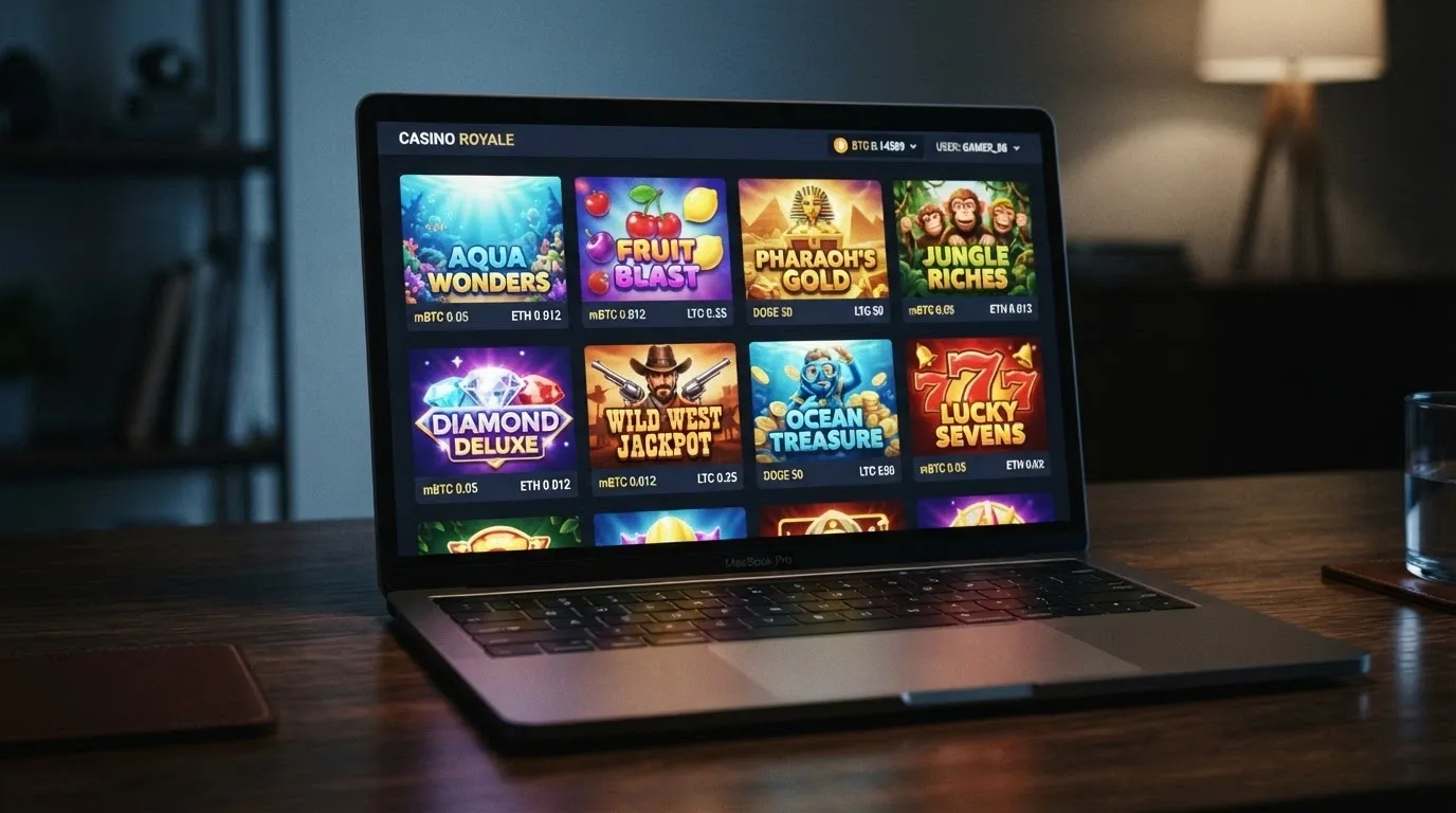 A grid of online pokies thumbnails with bitcoin bet amounts displayed below each title