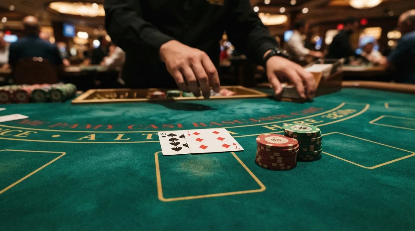 Close-up of a blackjack table in play, cards and chips on green felt, dealer's hands visible