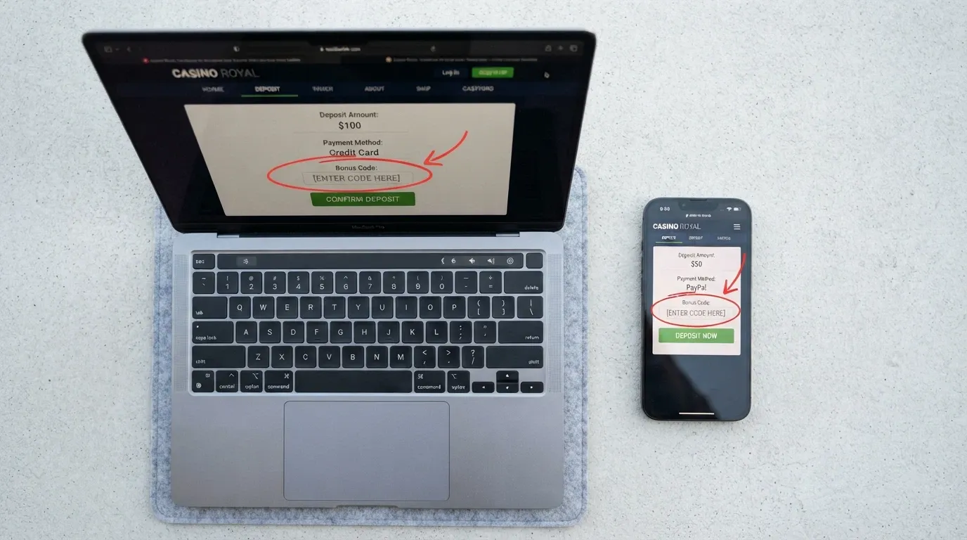 A split illustration of a casino cashier page on a laptop screen and a mobile phone, each with the bonus code field circled