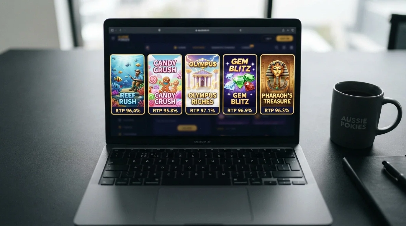 A grid of five popular pokies title cards — Big Bass Bonanza, Sweet Bonanza, Gates of Olympus, Starburst and Book of Dead — with RTP percentages displayed