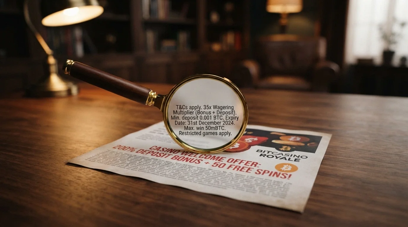 A magnifying glass over a casino bonus banner showing the headline “415% up to 5 BTC” with the fine-print wagering, cap and expiry terms highlighted beneath