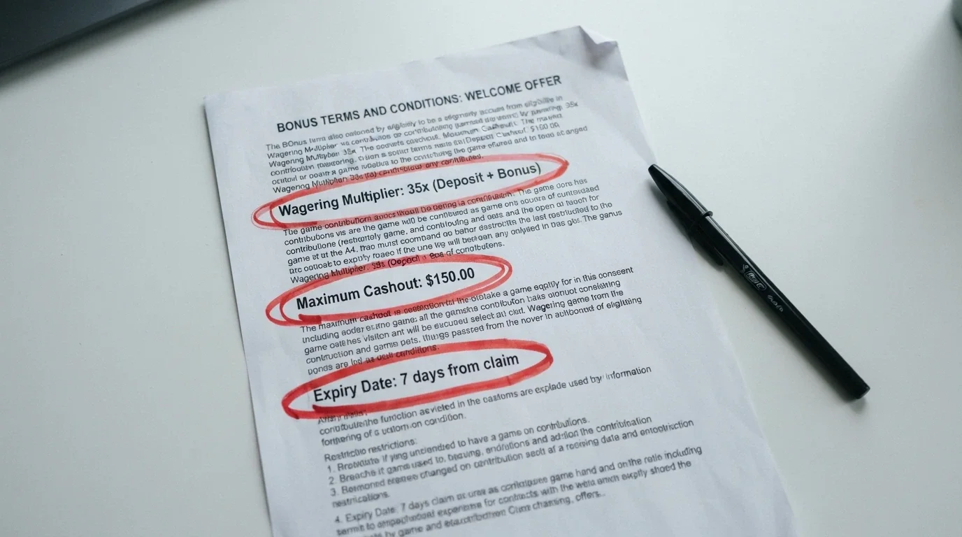 A close-up of a casino bonus terms box with the wagering requirement, max cashout and expiry date circled in red