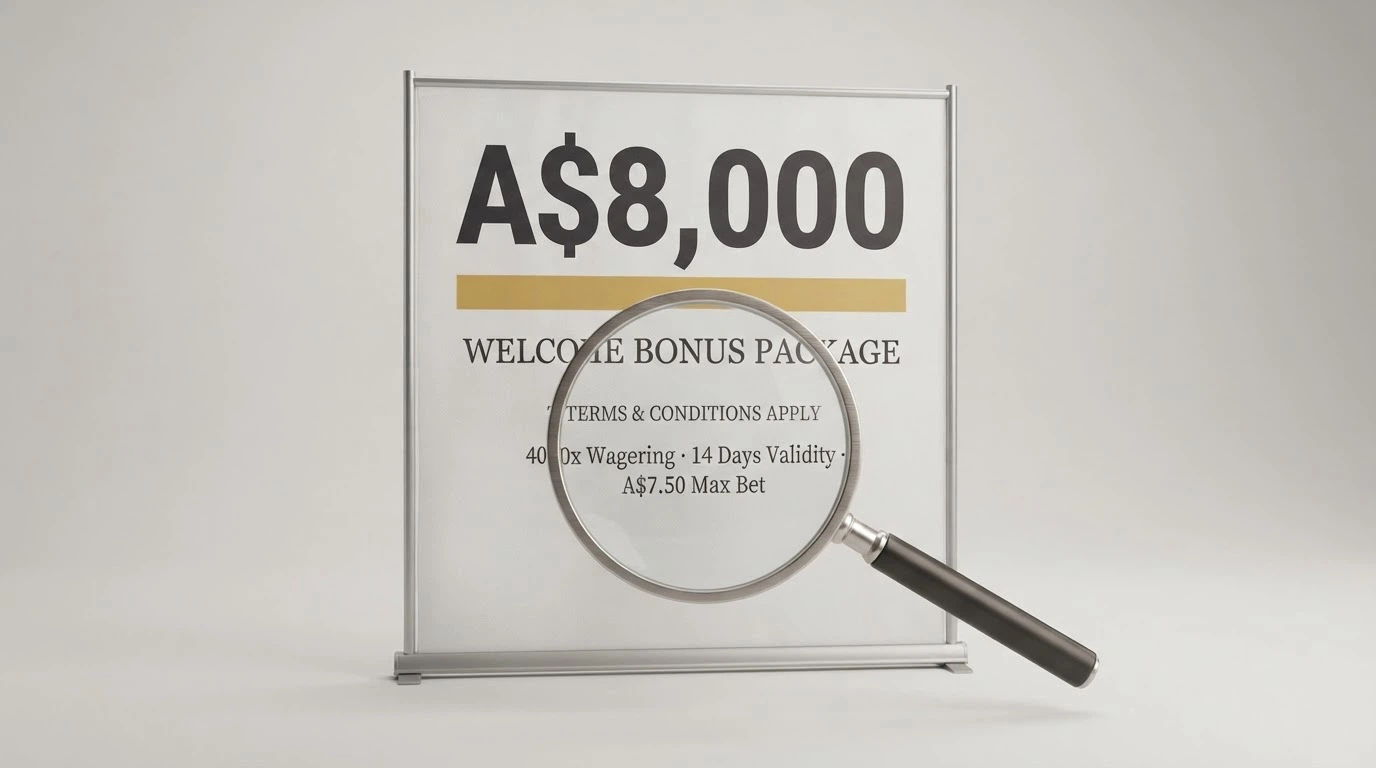 A welcome-bonus promotional banner with the headline figure in large text, overlaid with a magnifying glass that enlarges the fine-print terms underneath — wagering multiple, validity and max bet