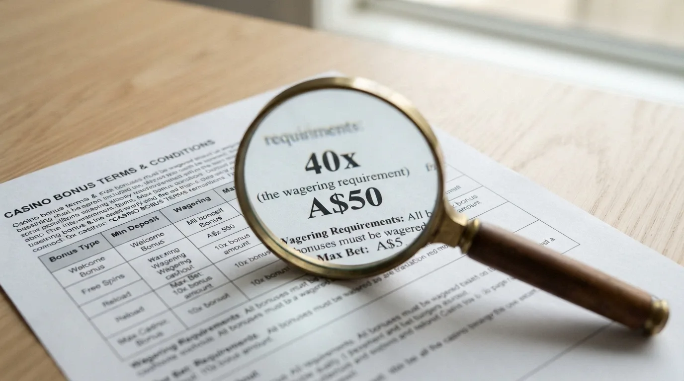 A magnifying glass held over a casino bonus terms box, highlighting the wagering requirement and maximum cashout in fine print