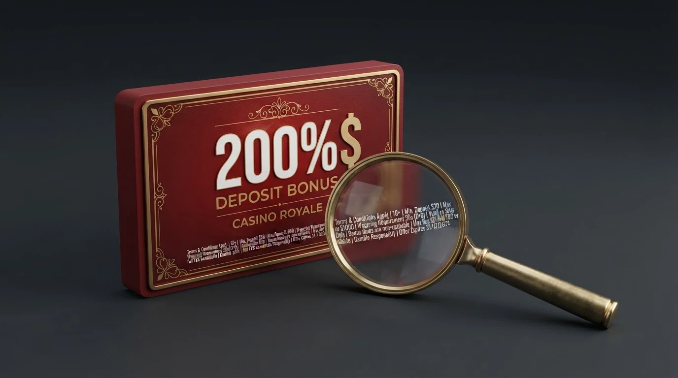 A close-up shot of a casino promotion graphic next to a magnifying glass hovering over fine-print terms text