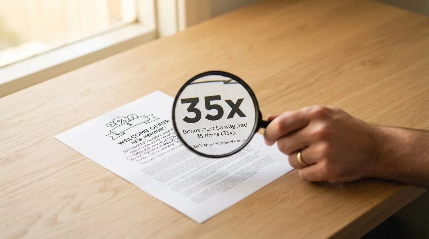 A welcome-offer banner with a magnifying glass held over the fine print, the 35x wagering figure enlarged and highlighted