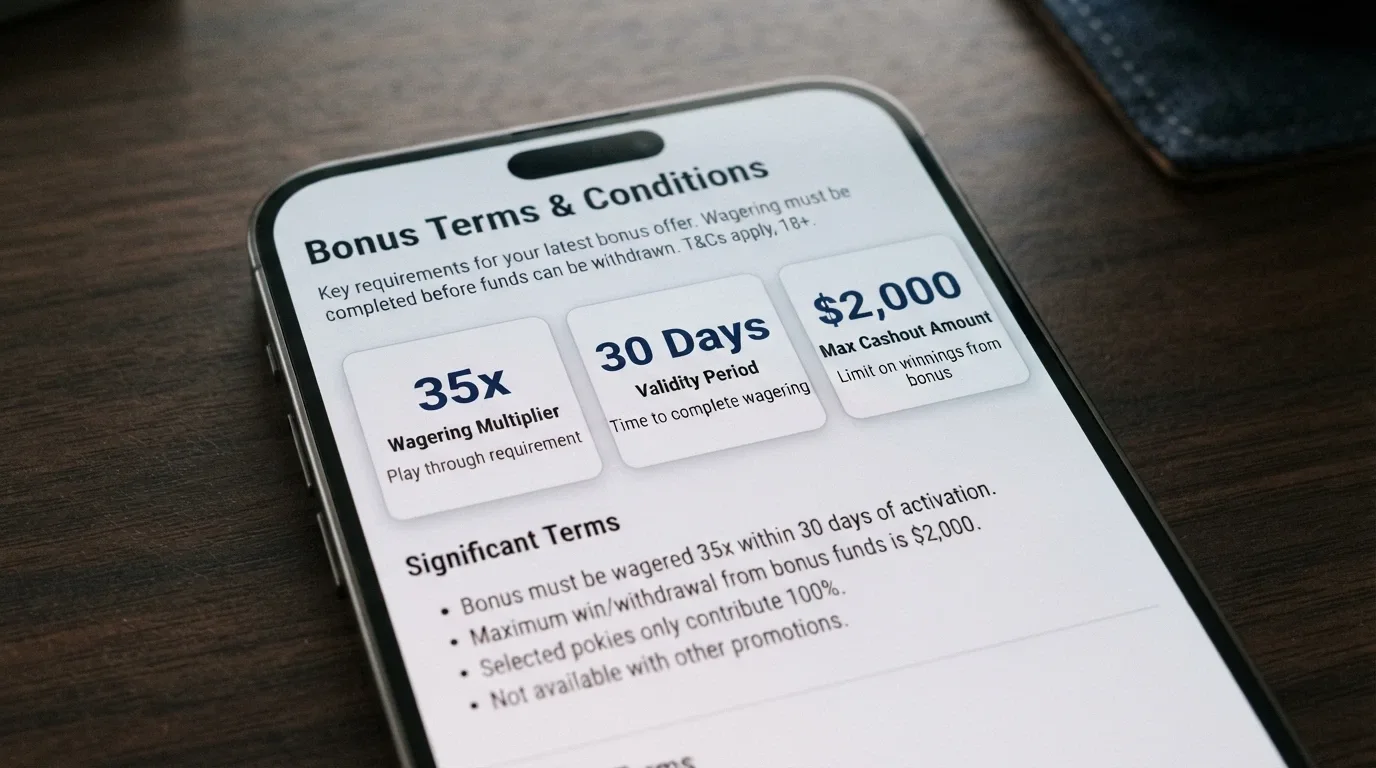A close-up of a casino bonus terms panel on an Android screen, with the wagering multiplier, validity period and max cashout clauses highlighted