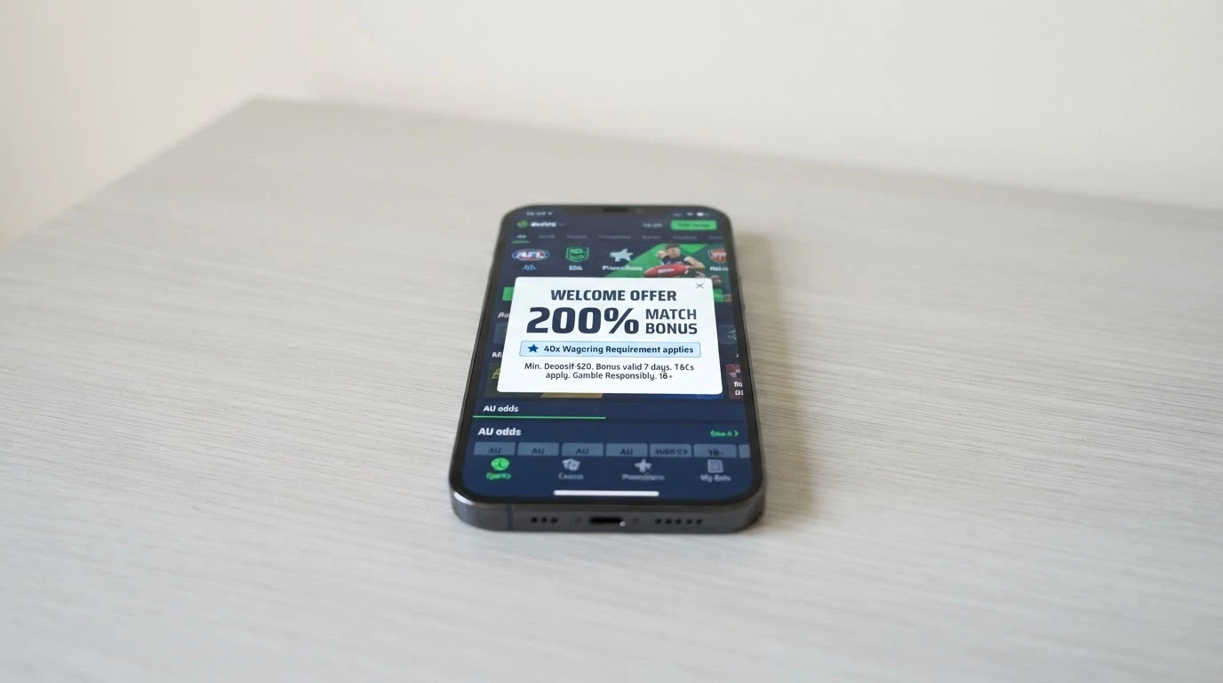 A smartphone screen showing a welcome-bonus pop-up with the match percentage and a highlighted wagering-requirement line, the fine print legible