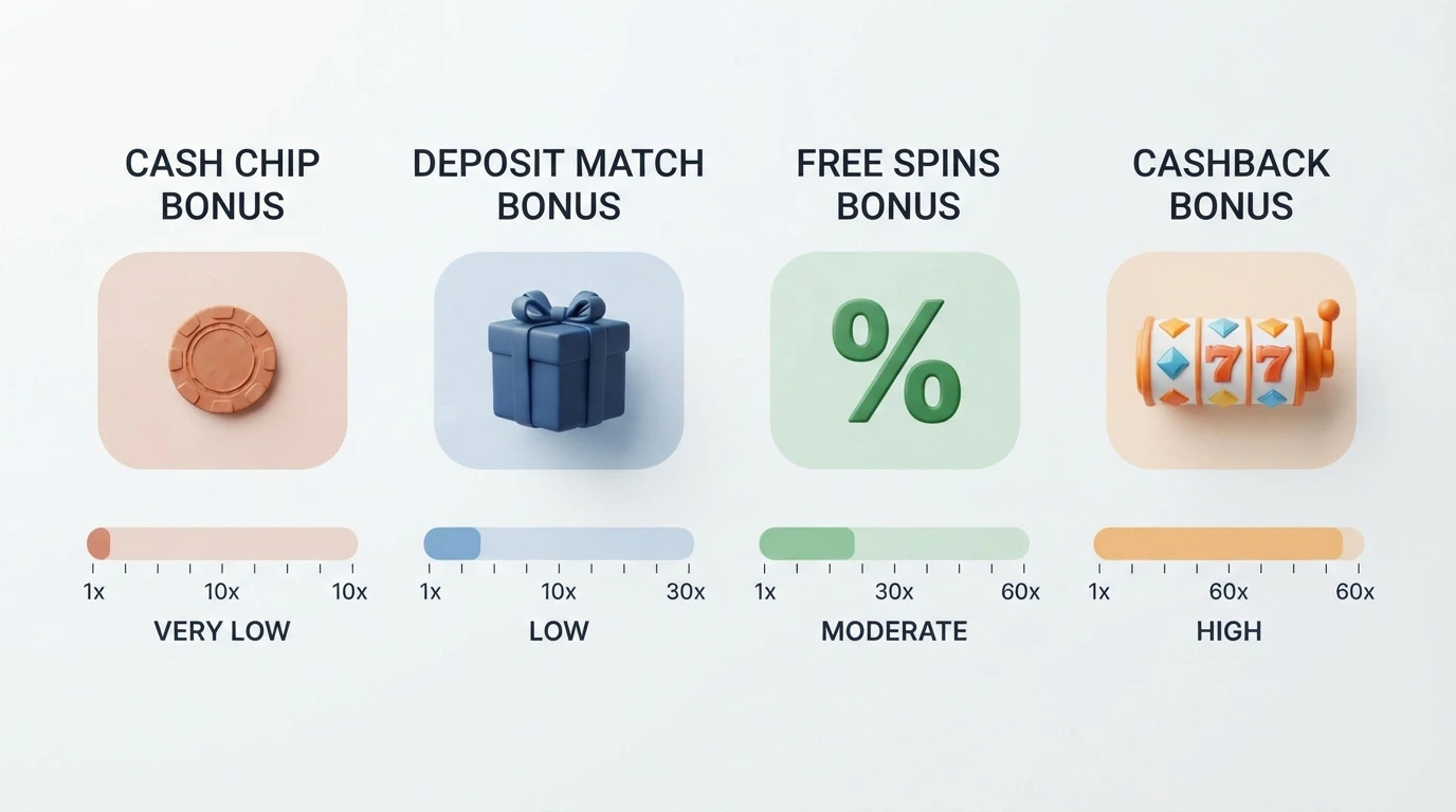 A side-by-side visual of four bonus types — no-deposit chip, welcome package, deposit match percentage and free-spin bundle — each with its own conditions beneath