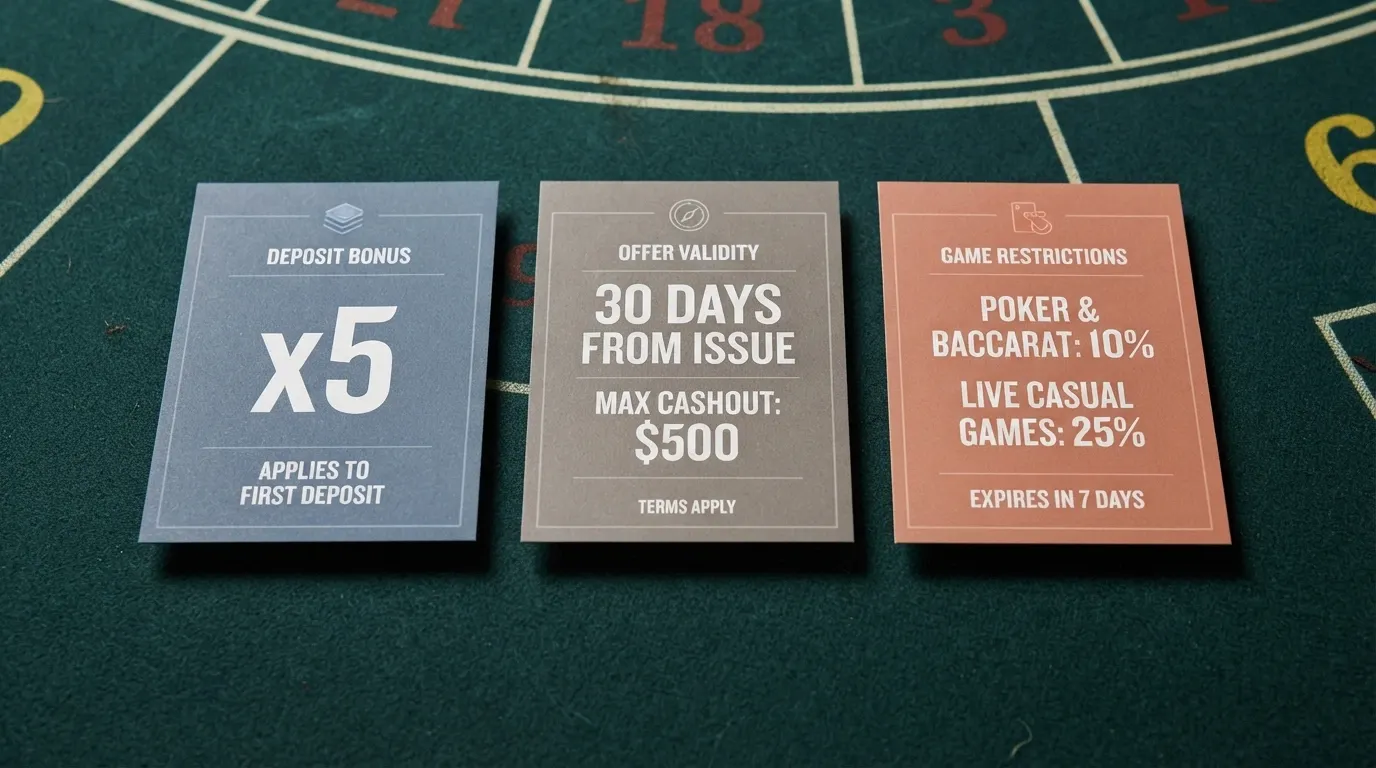 Three casino bonus offer cards side by side, each showing different terms for wagering, expiry and cashout