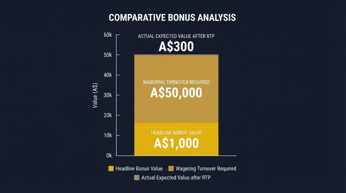 A stacked bar chart breaking a A$1,000 bonus into three layers: headline value, wagering turnover required, and the actual expected value after RTP