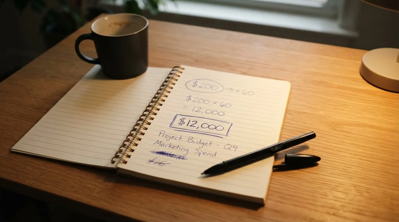 A notepad with handwritten wagering calculations: a bonus amount, a multiplication arrow, and a large turnover figure circled