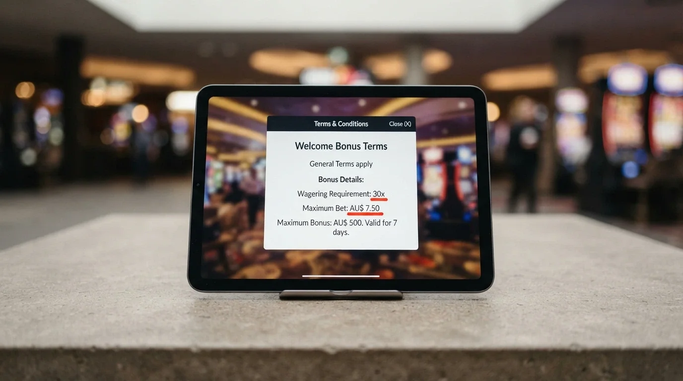 iPad screen showing a casino bonus terms pop-up with the wagering requirement and maximum bet lines underlined