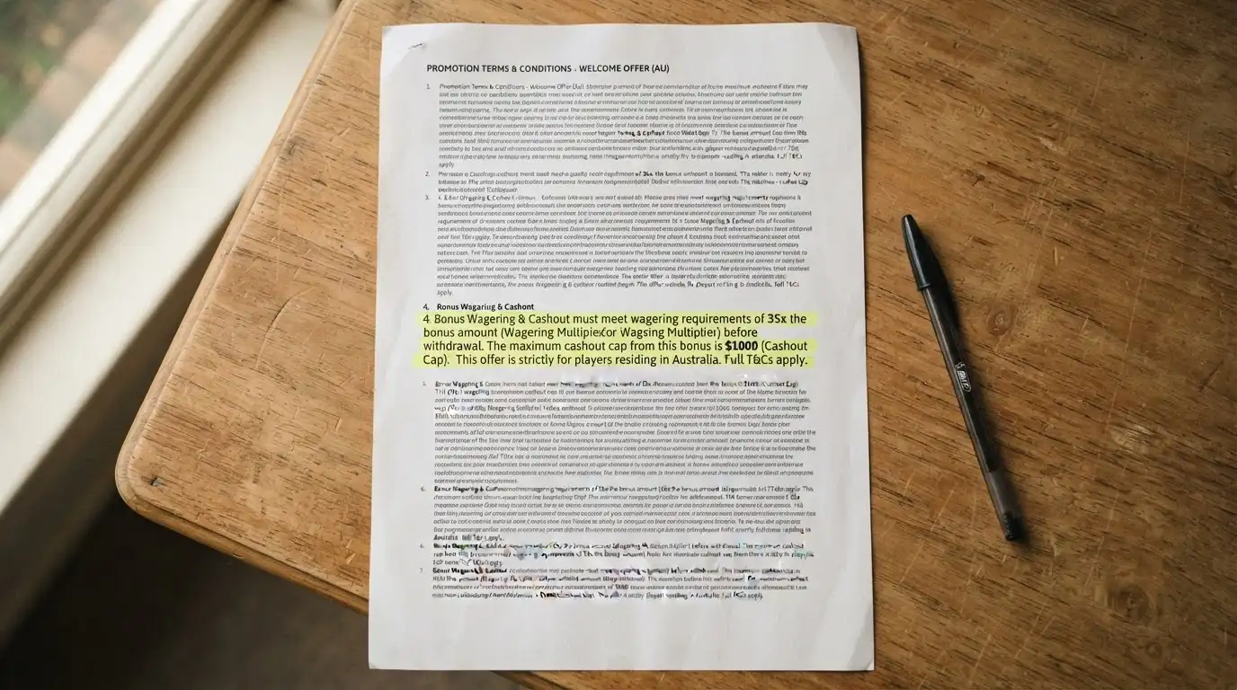 A close-up of bonus terms text with the wagering multiplier and cashout cap highlighted