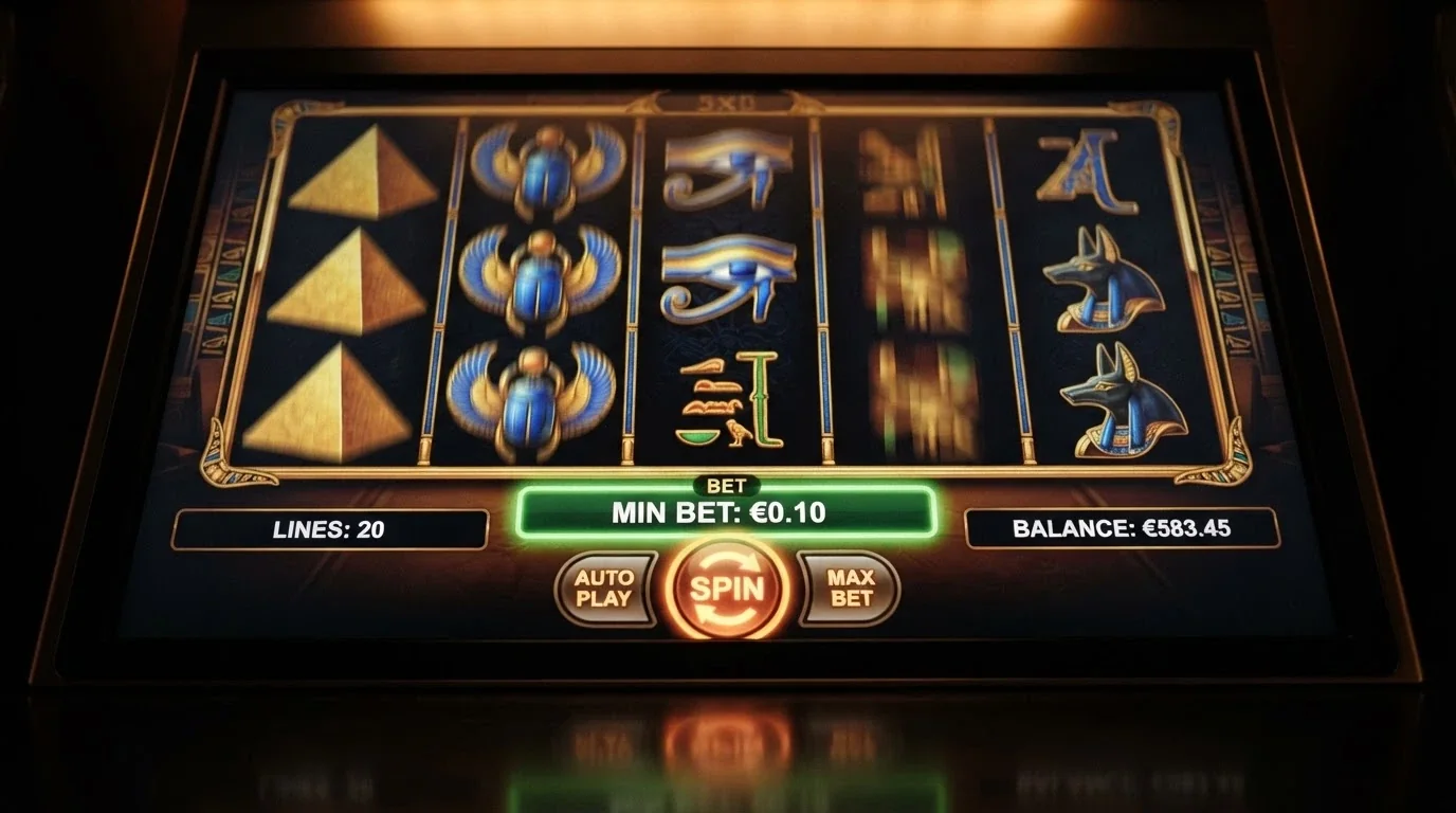 A close-up of the Book of Pyramids slot grid with the $0.01 minimum bet selector in focus on the game panel