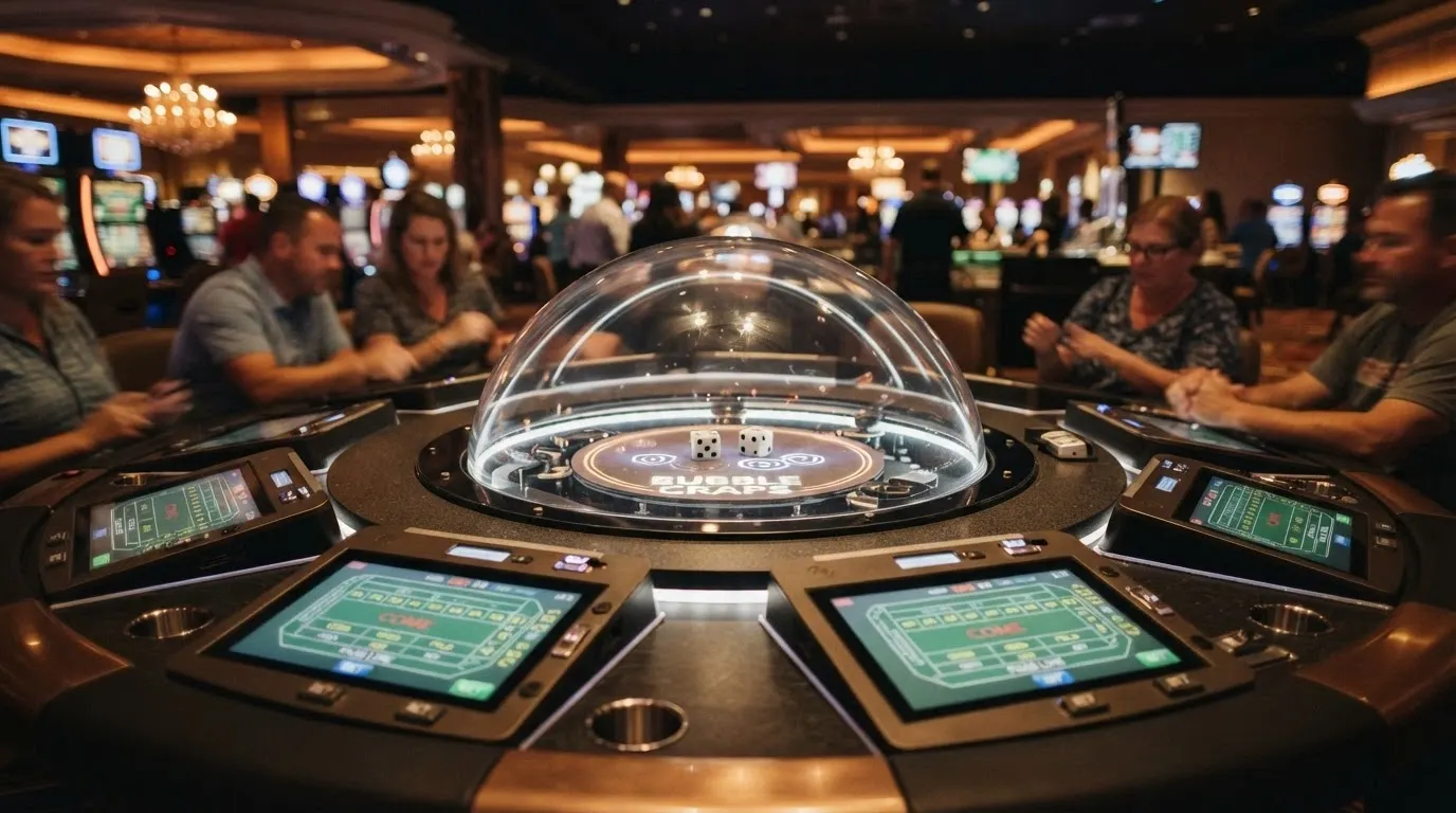 An ICONIC21 Bubble Craps automated table with its central transparent dome, dice visible inside, and betting terminals around the perimeter