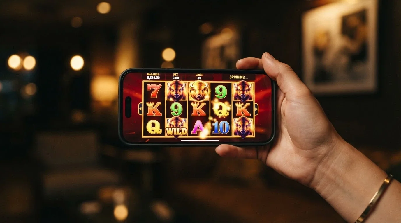 A smartphone in landscape orientation displaying the Buffalo King pokie reels mid-spin, with the Pragmatic Play logo visible