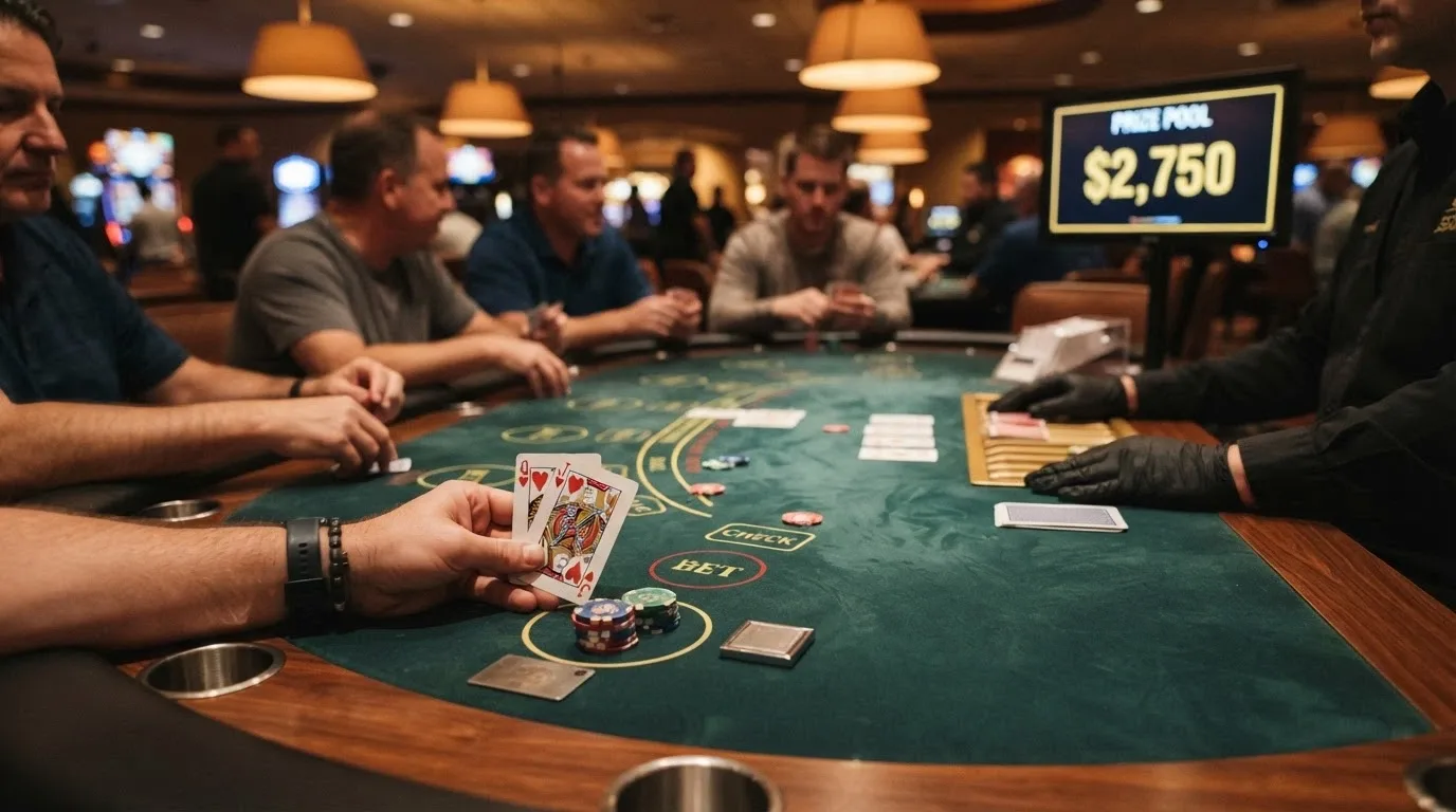 A Canberra Poker table with the progressive jackpot display visible, dealer and player engaged in a hand
