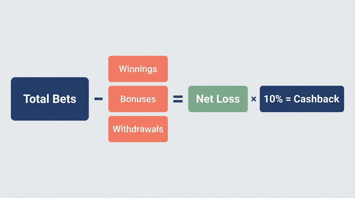 A simple visual breakdown of the net-loss cashback formula showing bets minus winnings minus bonuses minus withdrawals equals the cashback base