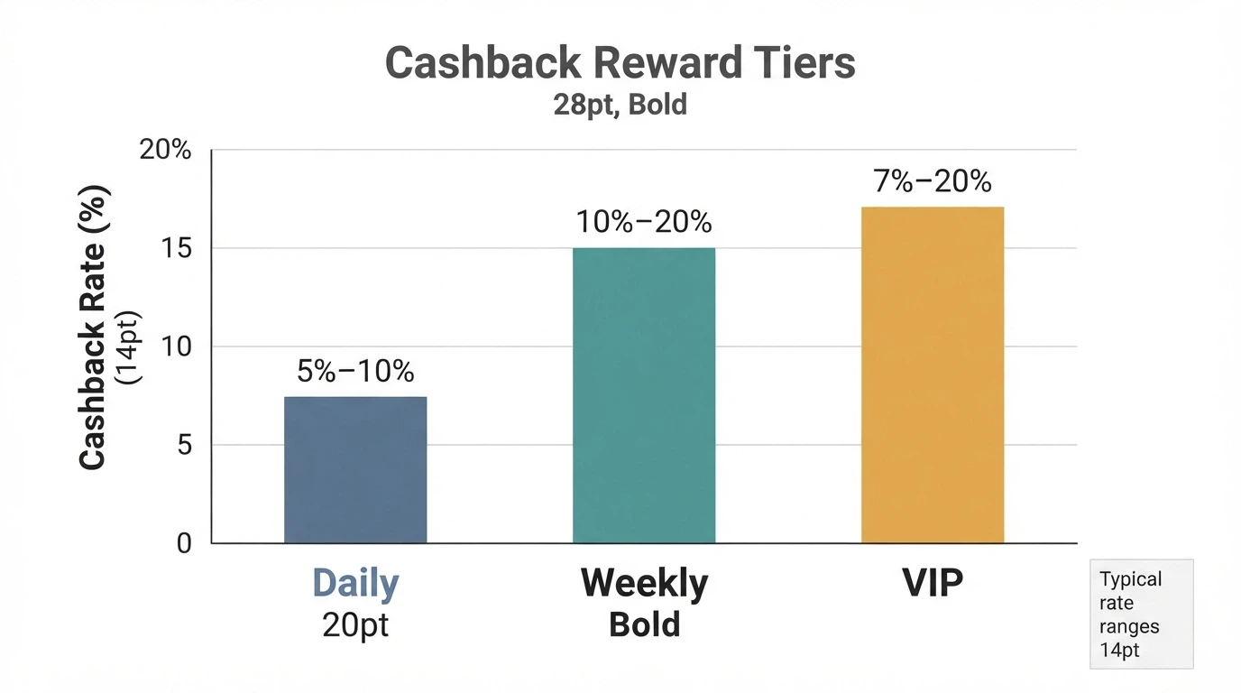 A side-by-side comparison chart of daily, weekly and VIP cashback tiers with rate ranges and maximum caps