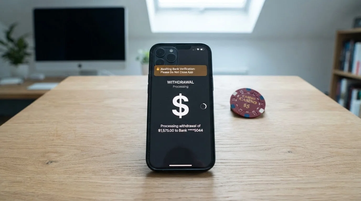 Smartphone showing a pending withdrawal screen with an Australian dollar amount and a verification notice