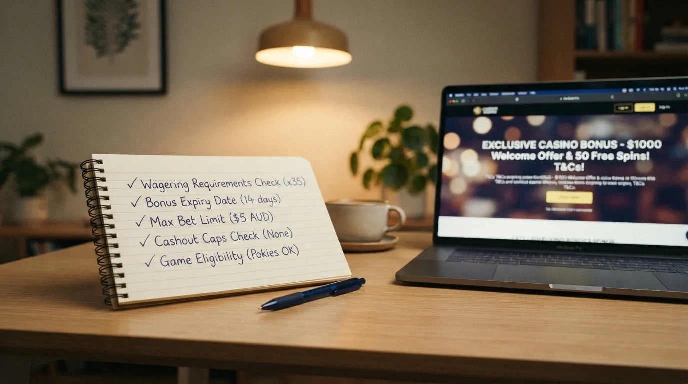 A checklist-style notepad on a desk next to a laptop, with itemised points about wagering, expiry, max bet and cashout caps ticked off one by one