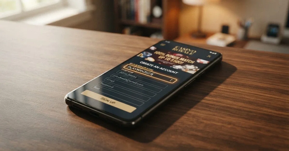 A smartphone screen displaying an online casino sign-up form with a bonus code field highlighted, a promotional banner visible behind it