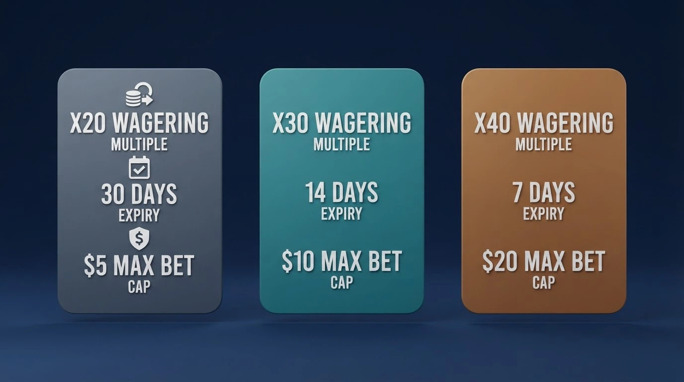 A side-by-side comparison view of bonus cards showing different wagering multiples, expiry dates and max-bet caps