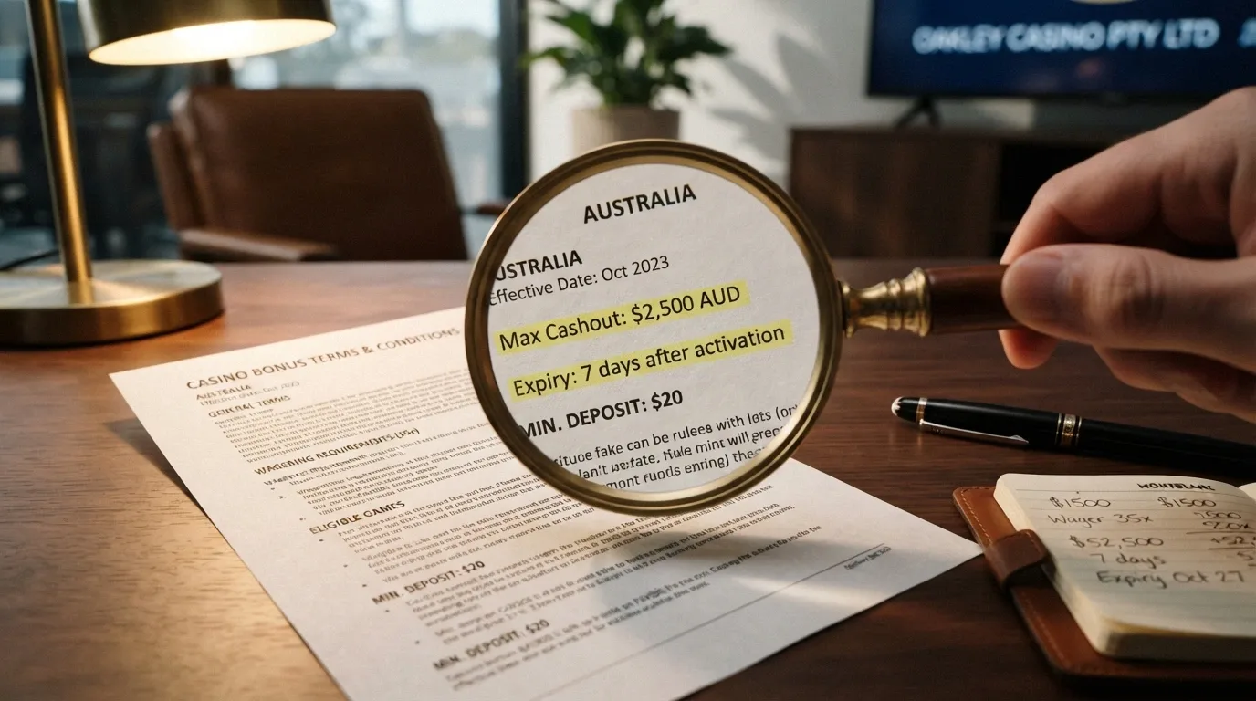 A magnifying glass held over a printed casino bonus terms sheet, highlighting the max cashout and expiry clauses in yellow